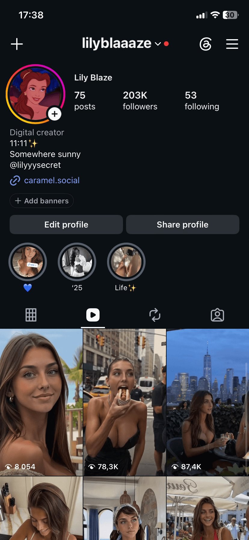 Creator account promoting a Caramels model