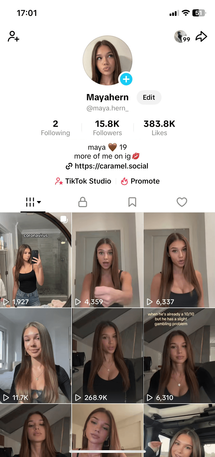 Creator account promoting a Caramels model